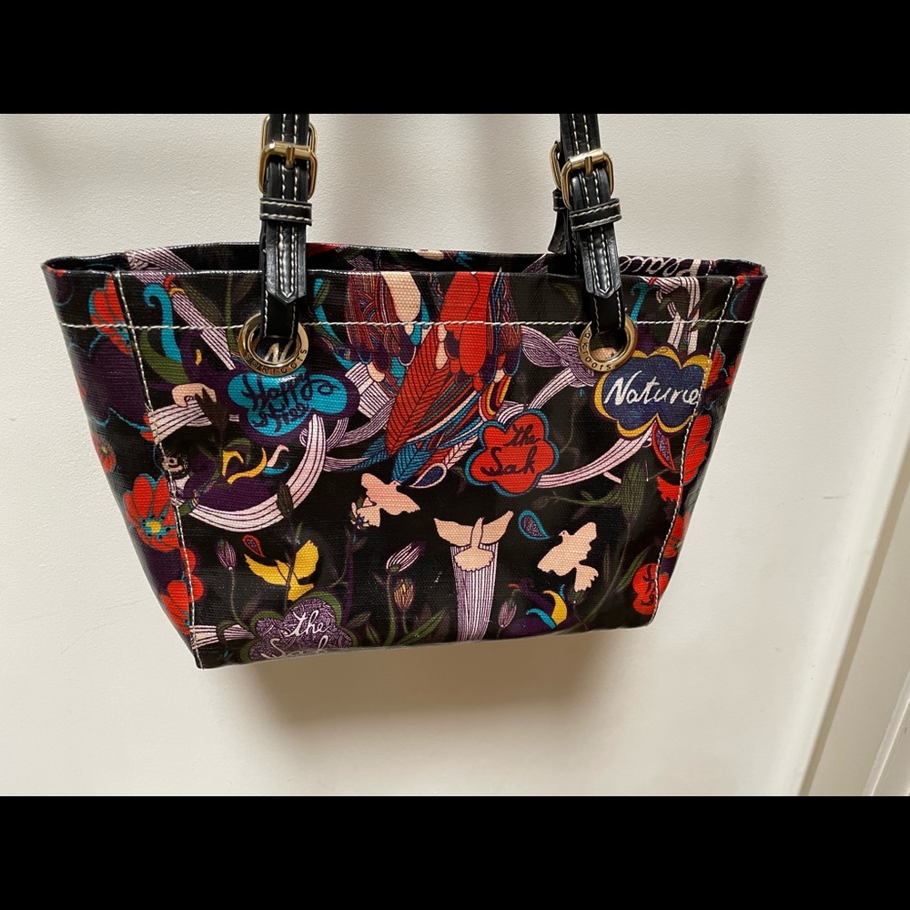 Sakroots black peace/nature/happy&free; coated zippered tote-style purse